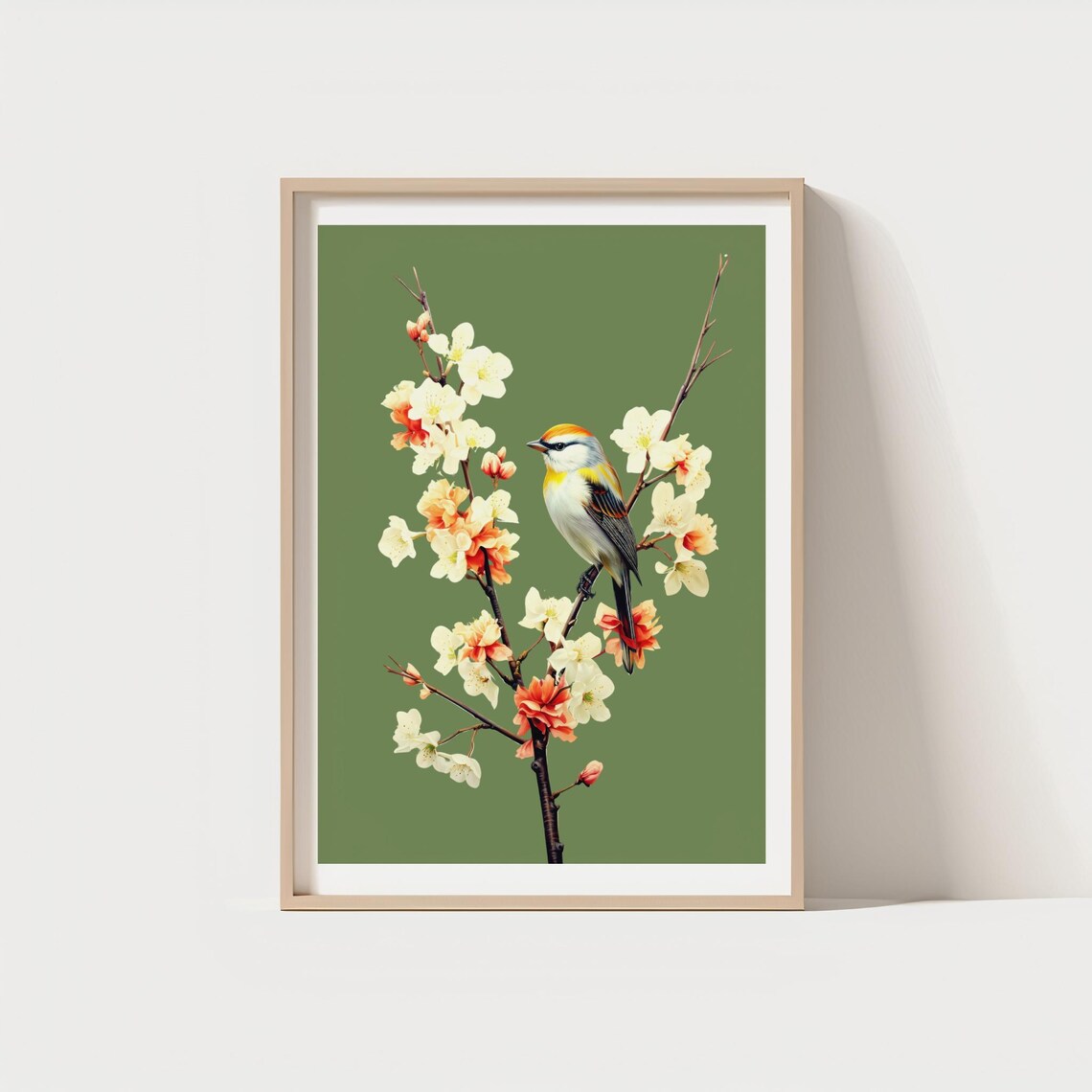 Songbird on Cherry Blossom Branch Green Botanical Nature Art Print