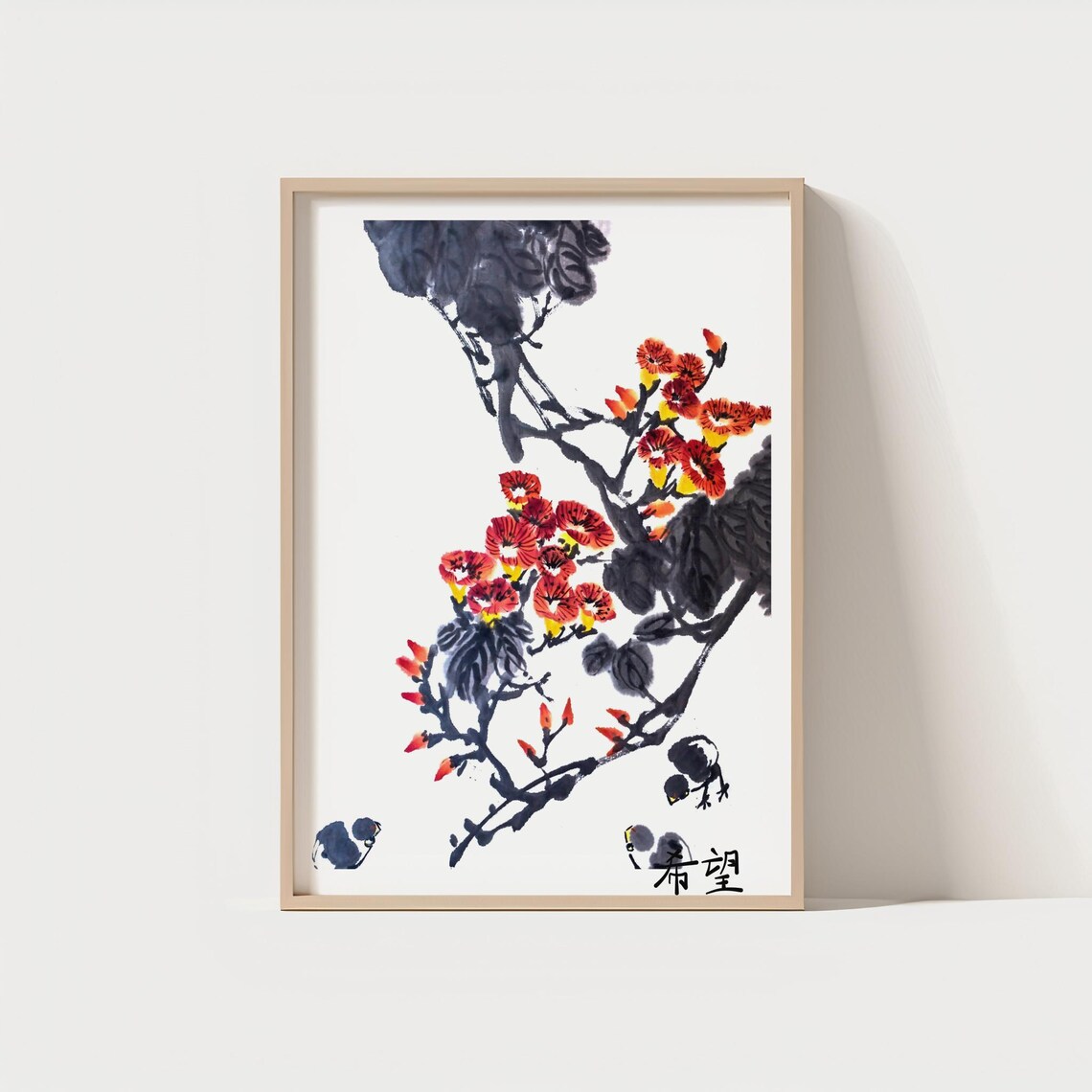 Chinese Red Blossom Branch Ink Painting Oriental Botanical Art Print