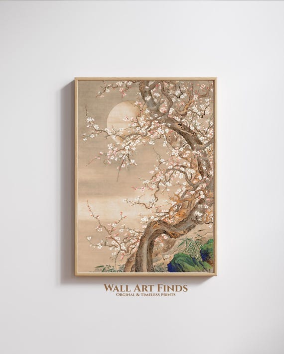 Vintage Japanese Cherry Blossom Tree With Moon Antique Botanical Wall Art Plum Print Asian Nature Decor Poster
