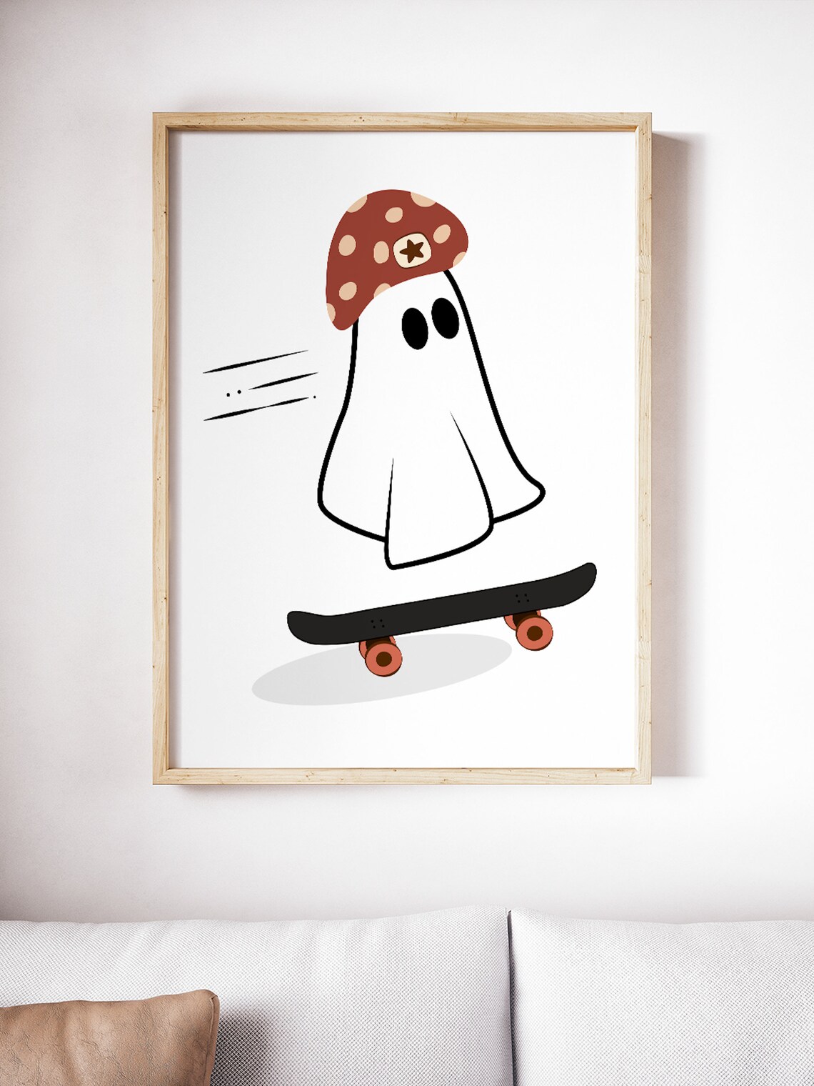 Cute Halloween Ghost Riding a Skateboard in Mushroom Hat Poster - Image 3