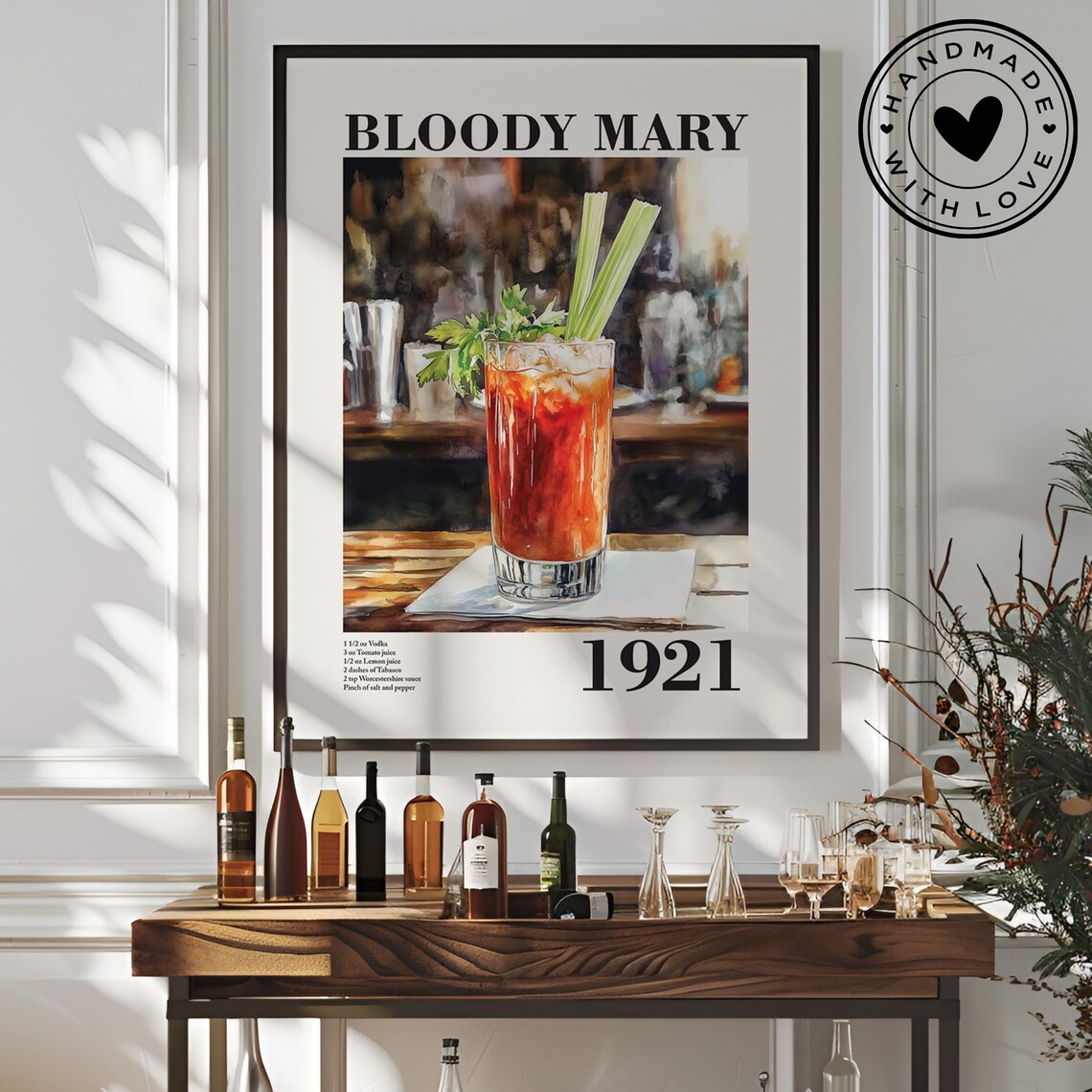 Vintage Bloody Mary Cocktail Recipe, Bar Kitchen Art Print