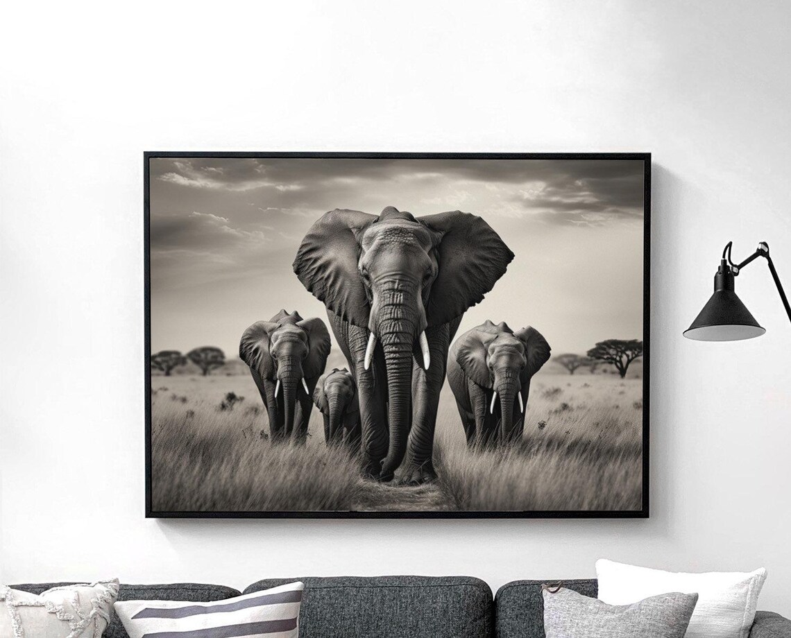 Savanna Elephants Art Print, Monochrome Wildlife