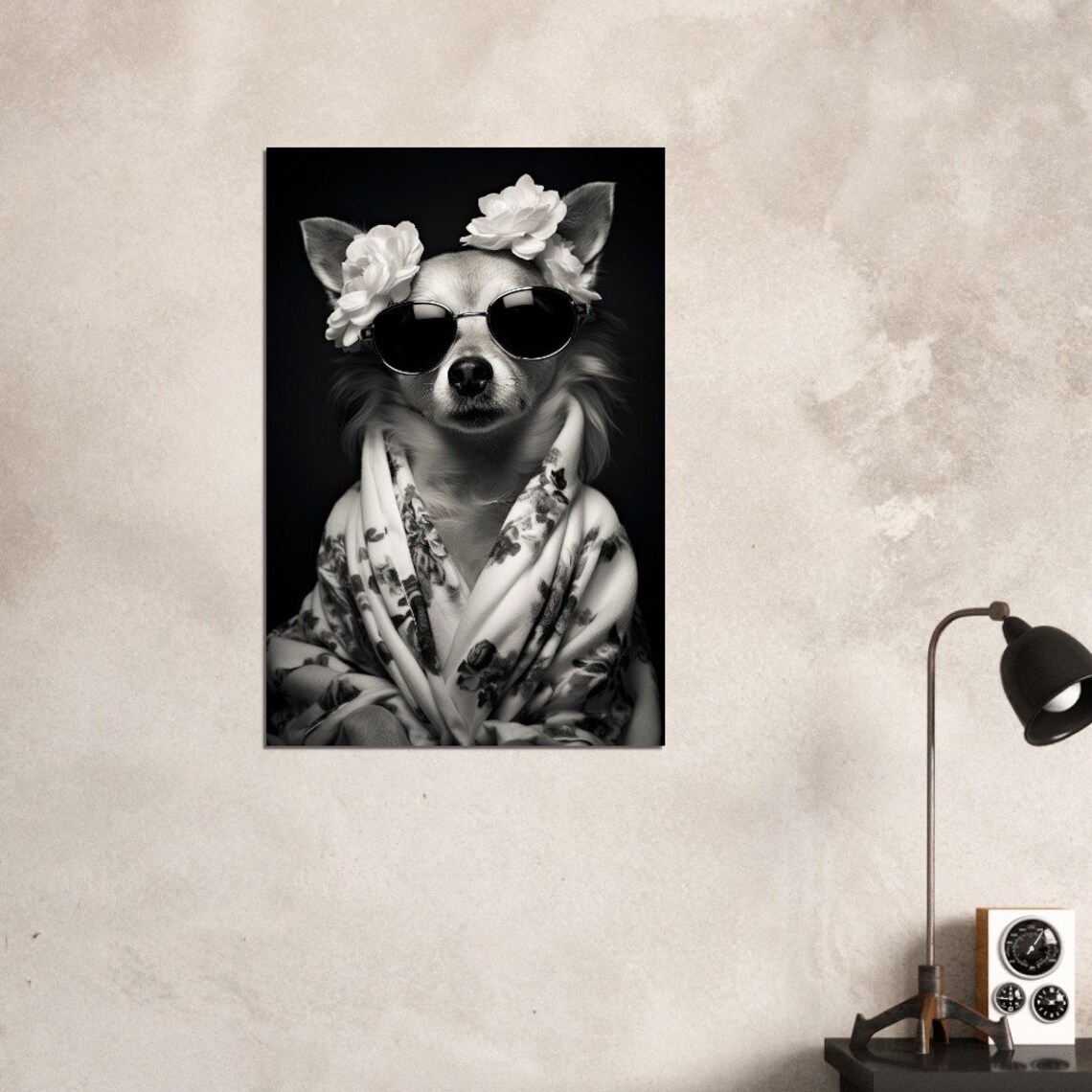 Whimsical Chihuahua In Robe, Black And White Bathroom Art Print