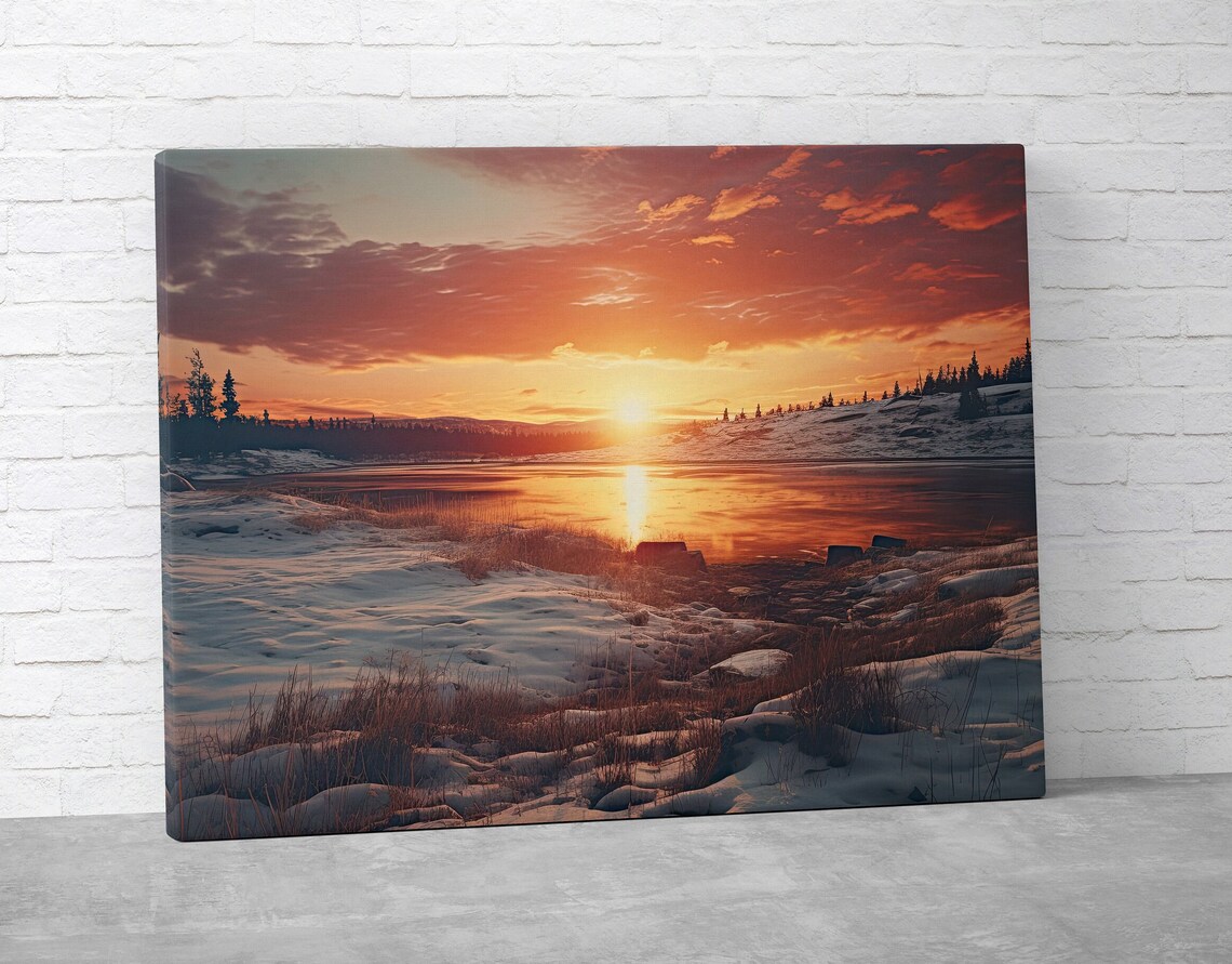 Lake Sunset Snowy Fields Landscape Art Print