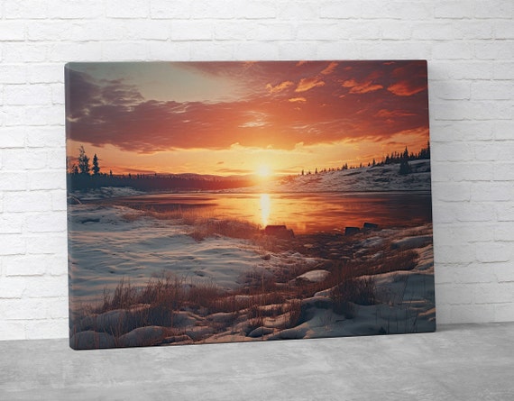 Lake Sunset Snowy Fields Landscape Art Print
