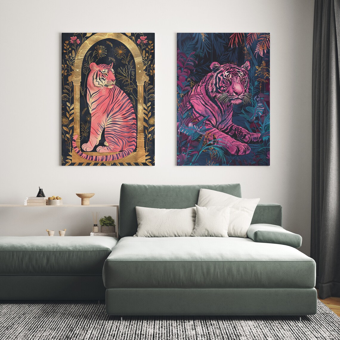 Pink Tiger Gold Jungle Wall Art Print - Image 2