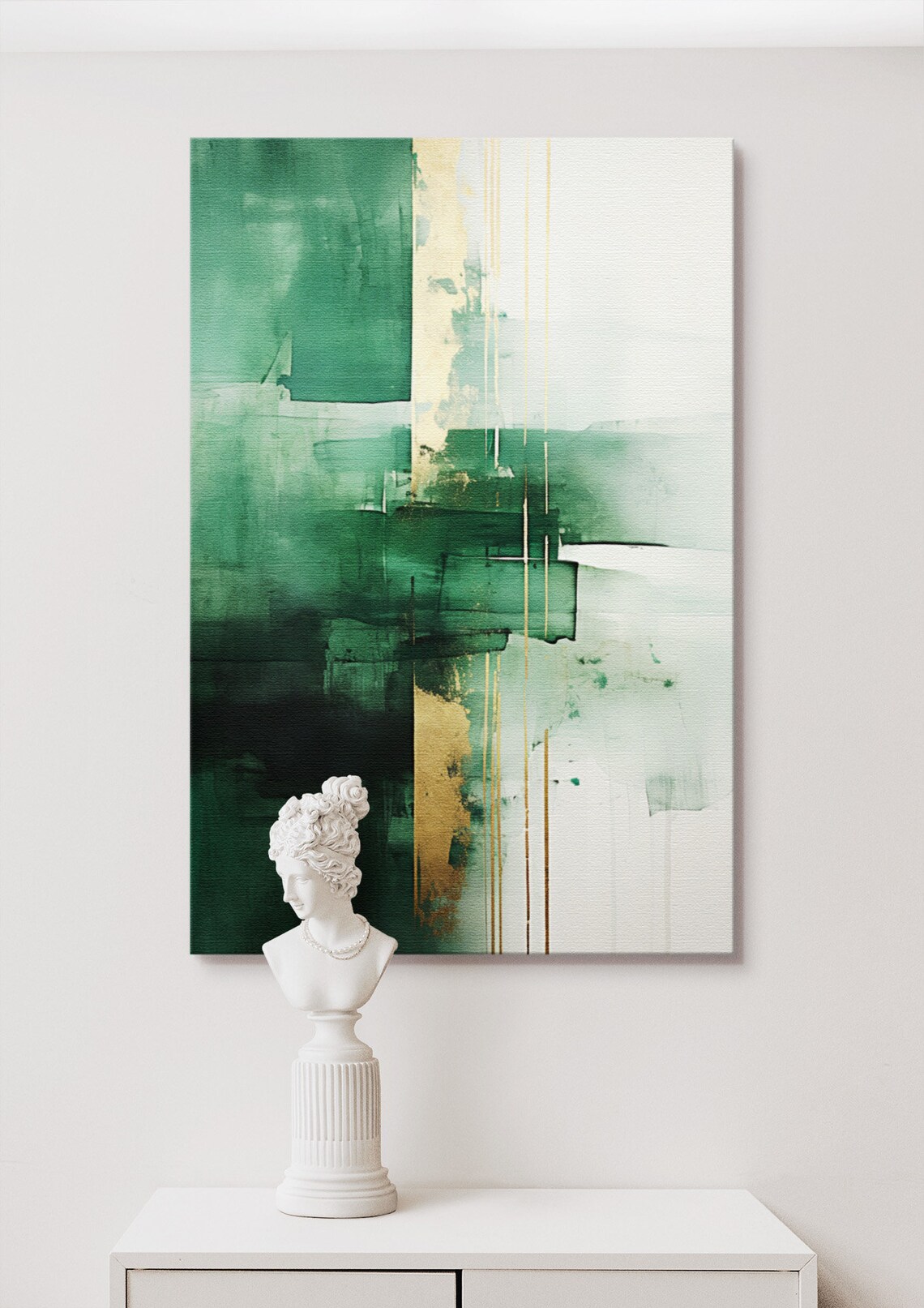 Green White Gold Stripe Abstract, Living Room Decor - Image 2