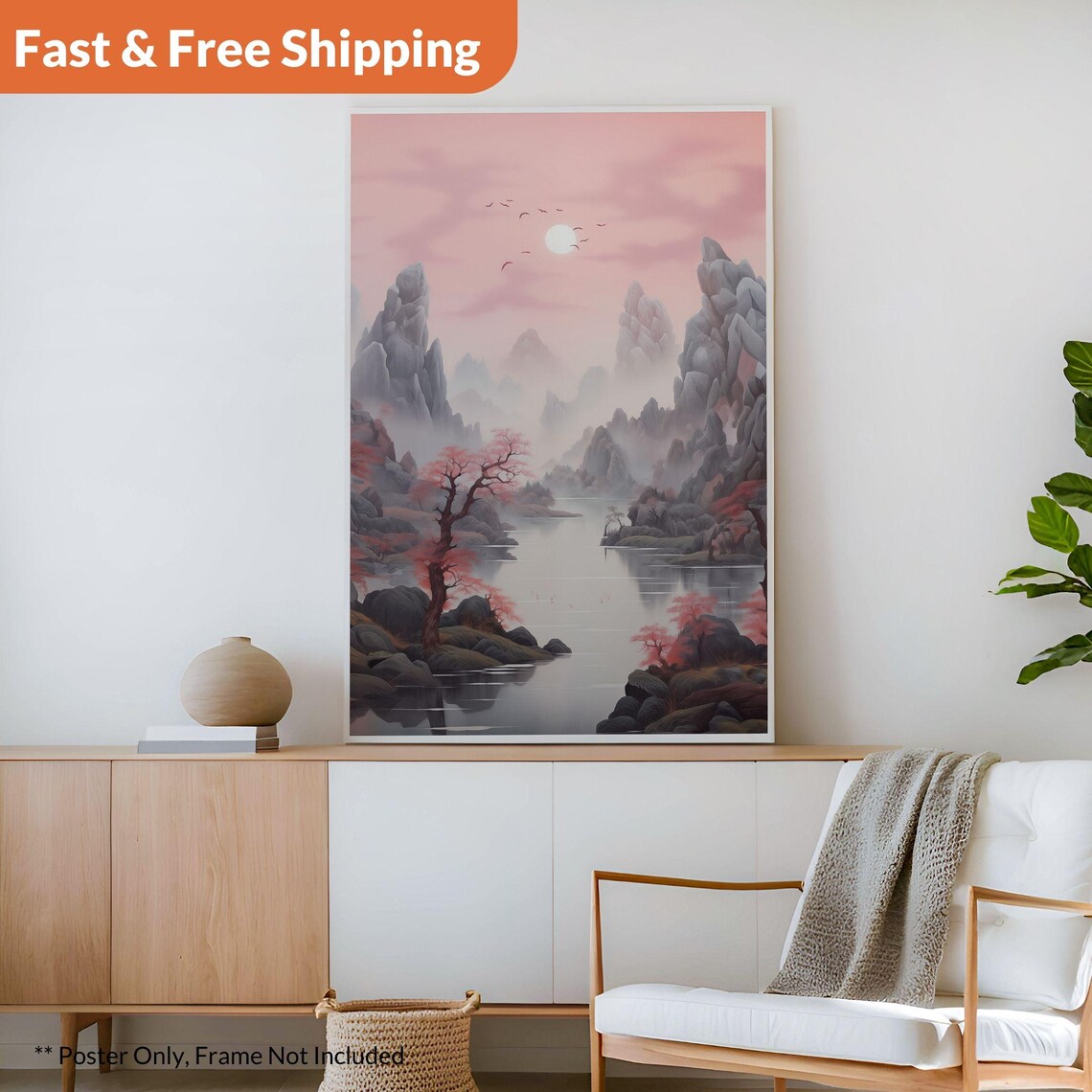 Chinese Pink Dreamscape Watercolor Asian Landscape - Image 2