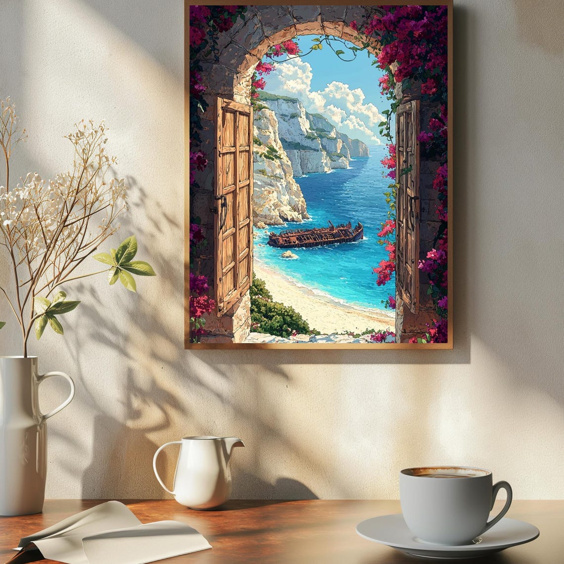 Shipwreck Cove Through Open Stone Window Bougainvillea View Poster