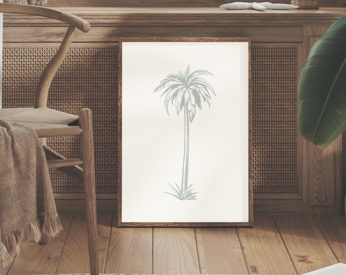 Minimalist Sage Green Palm Tree Line Art Coastal Wall Decor Poster