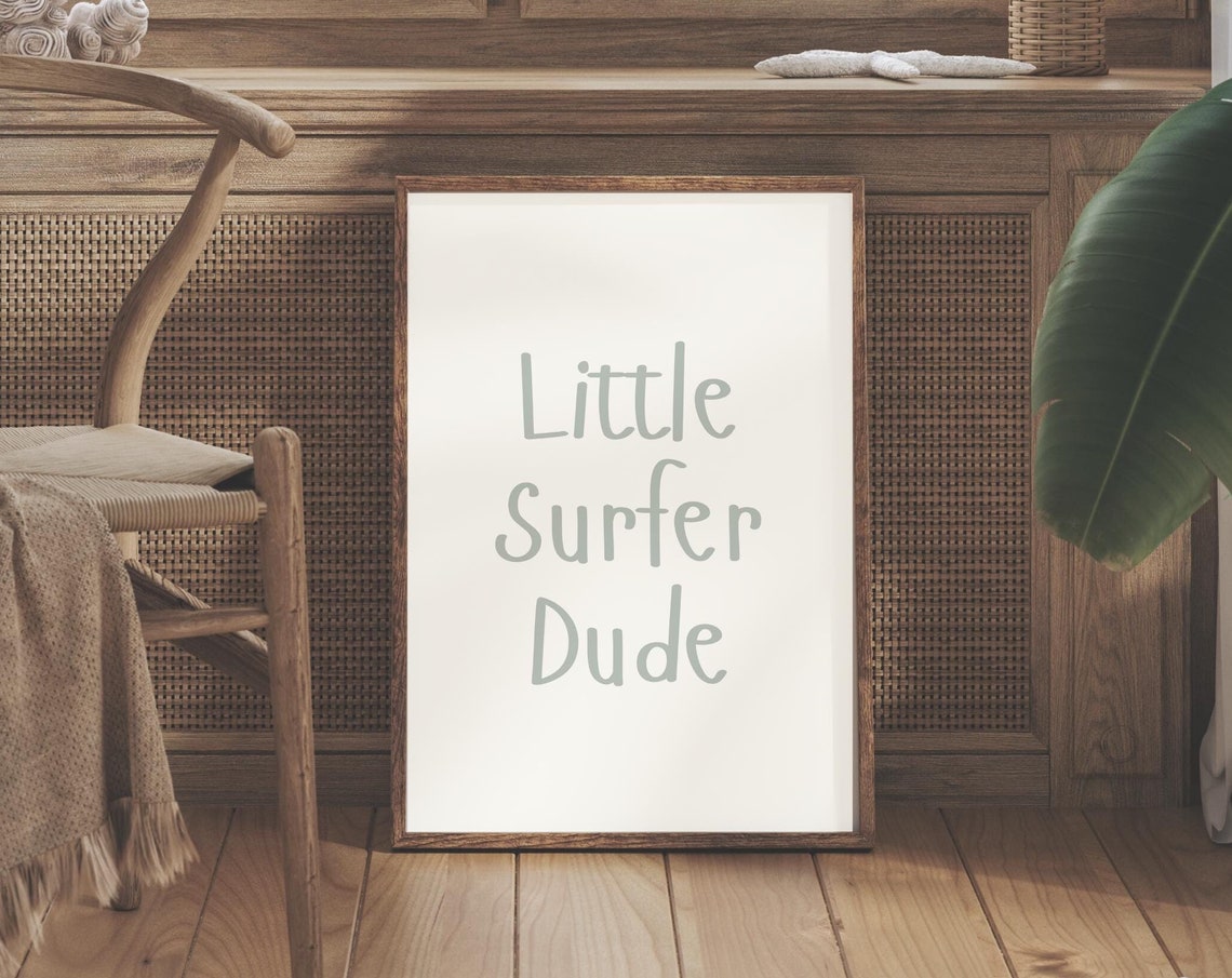 Little Surfer Dude Hand Lettered Typography Coastal Nursery Poster