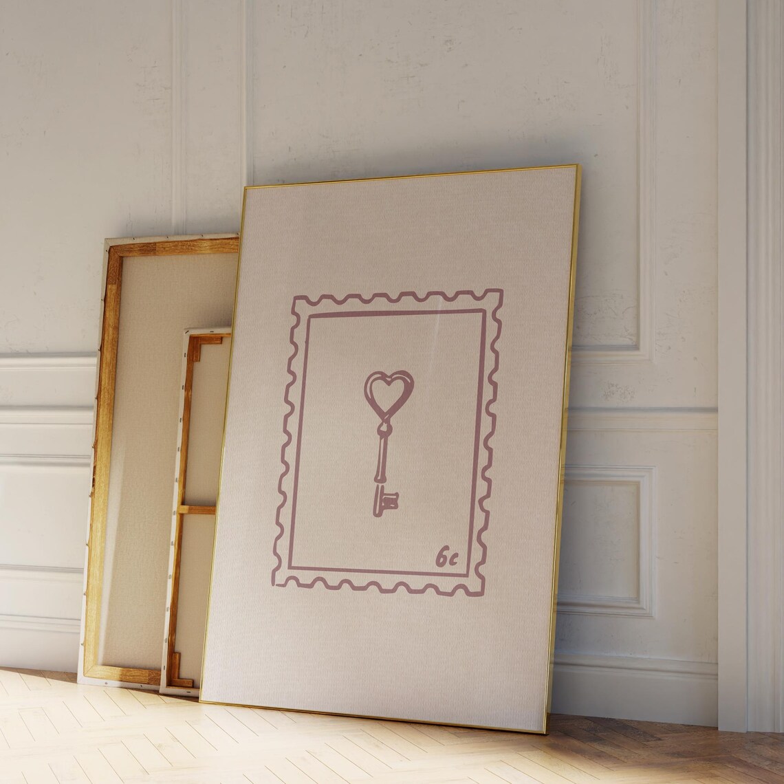 Vintage Coquette Heart Key Postage Stamp Minimalist Art Poster
