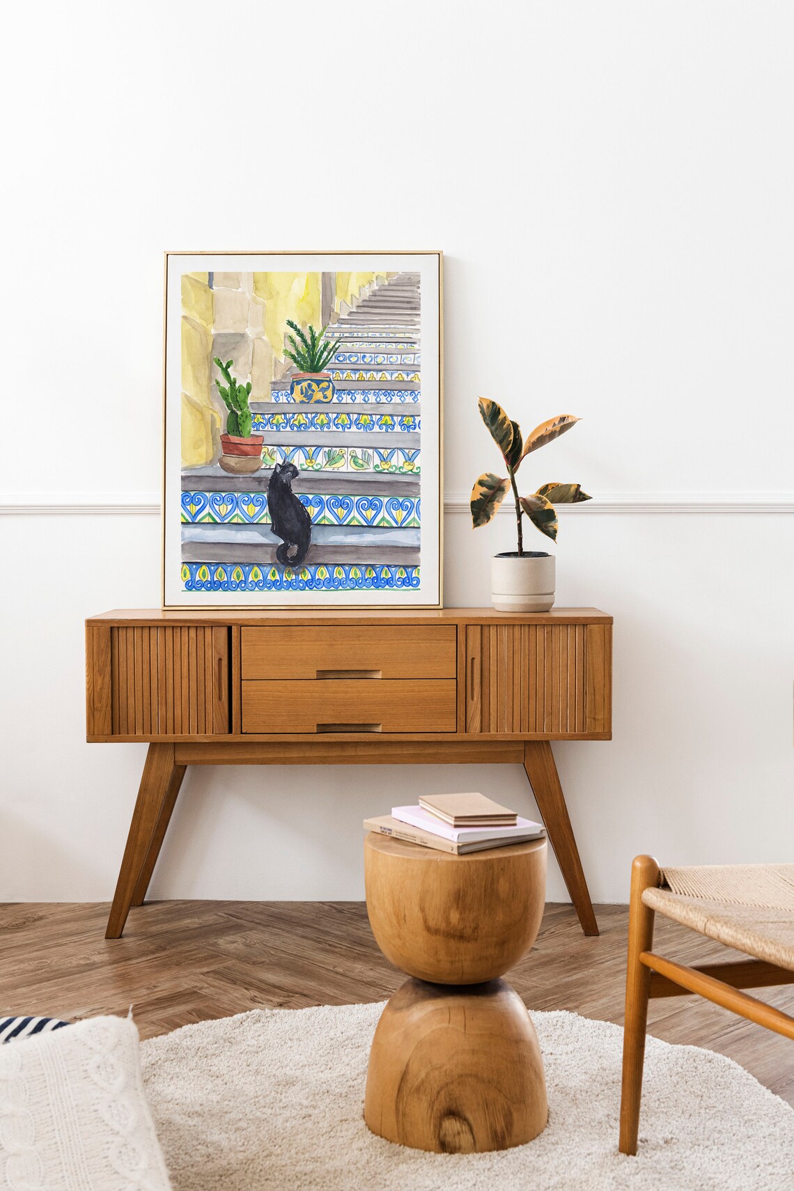 Sicily Steps Cat Vintage Art Print, Sicilian Tiles - Image 3