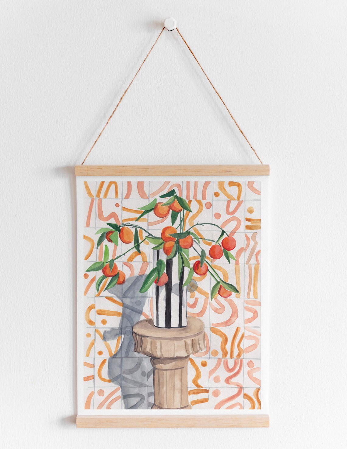 Citrus Orange Branch In Striped Vase Still Life Watercolor Wall Art - Image 4
