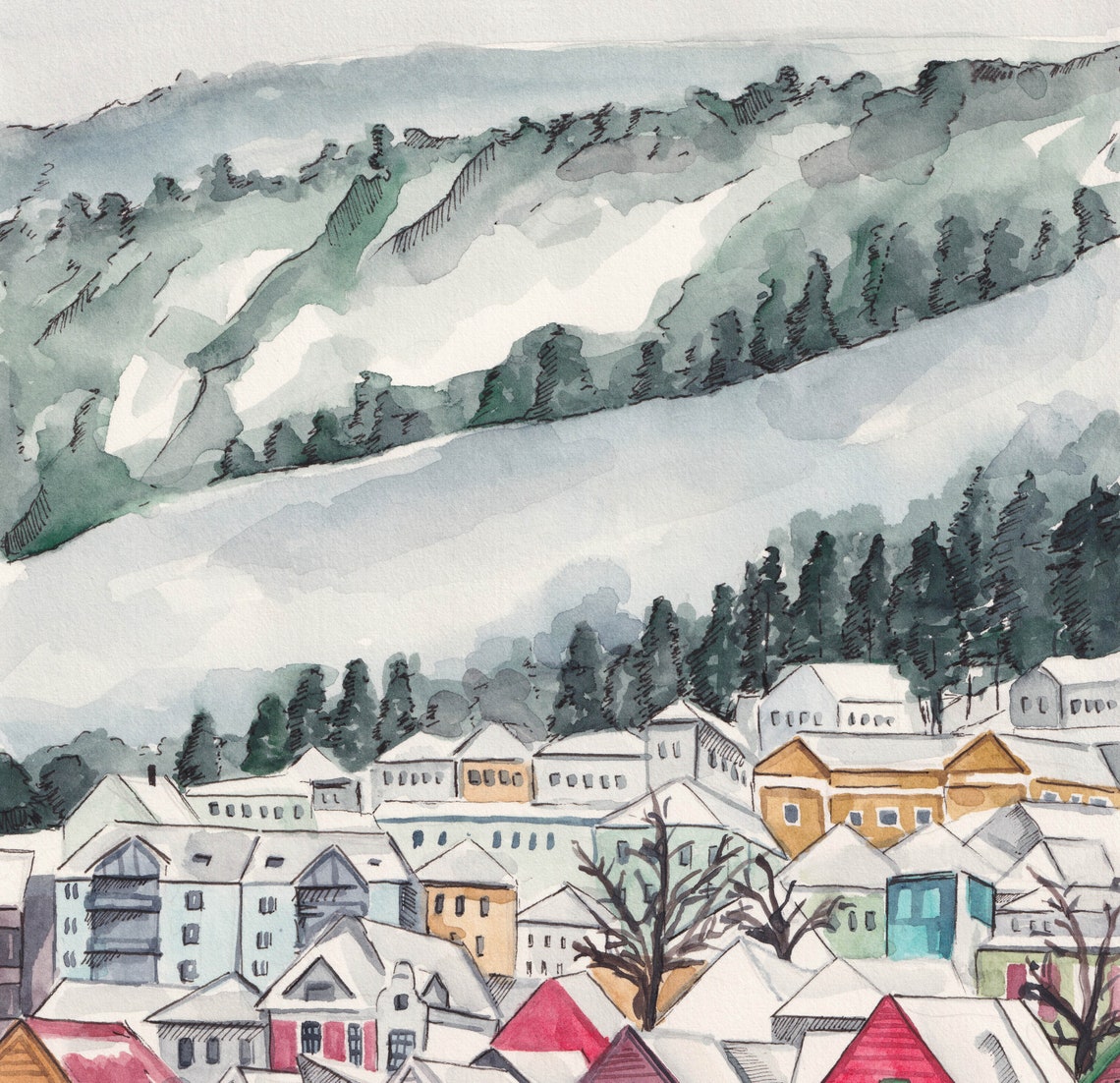 Bergen Art Print Norway Poster Norway Cityscape Bergen Wall Art Europe Travel Art Scandinavia Poster Bergen Houses Painting - Image 2