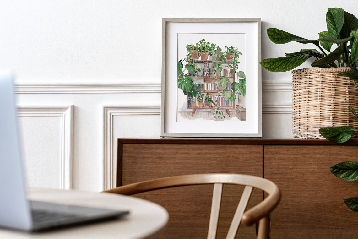 Cat and Plants Bookshelf Art Print, Boho Decor - Image 3