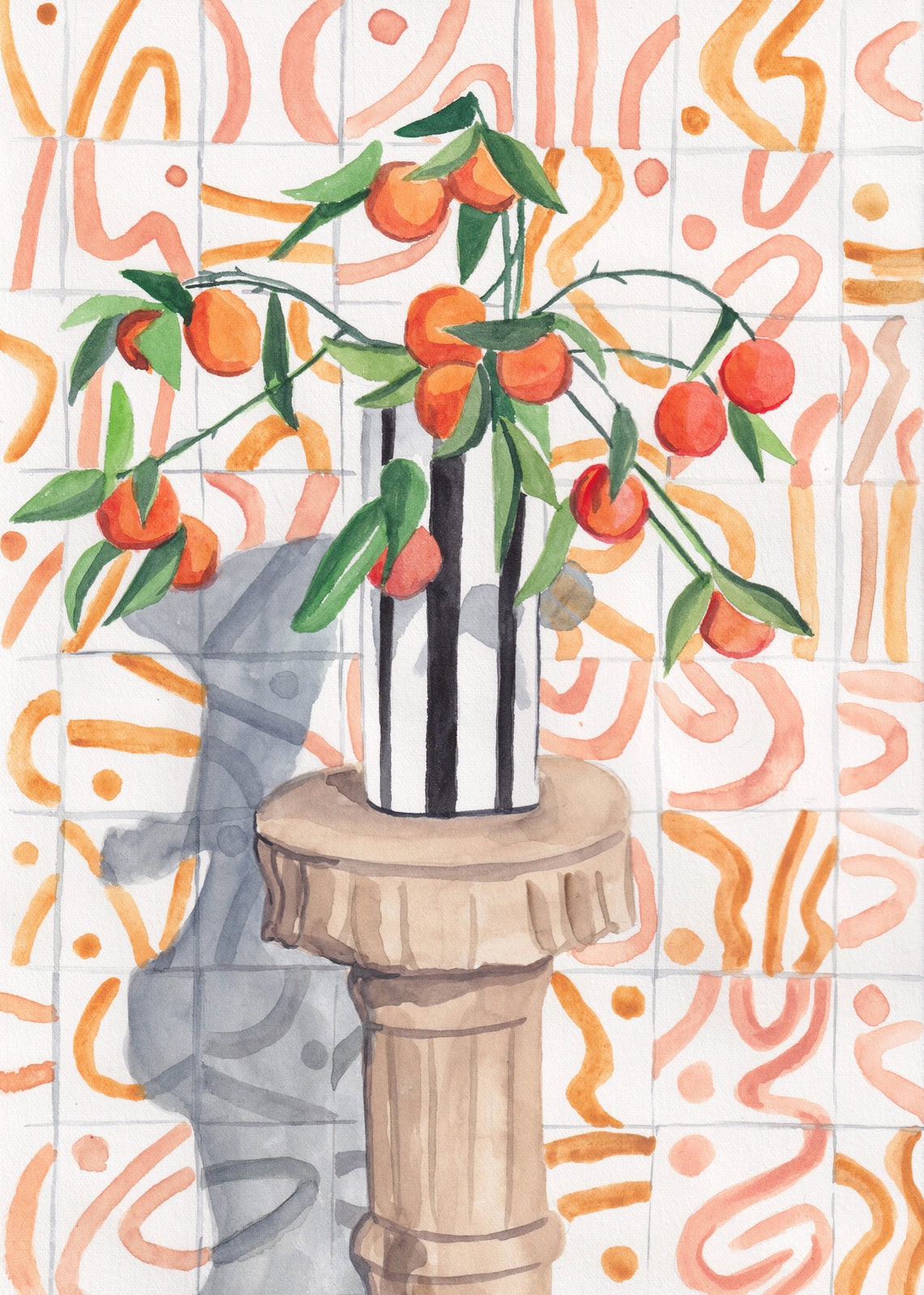 Citrus Orange Branch In Striped Vase Still Life Watercolor Wall Art - Image 2
