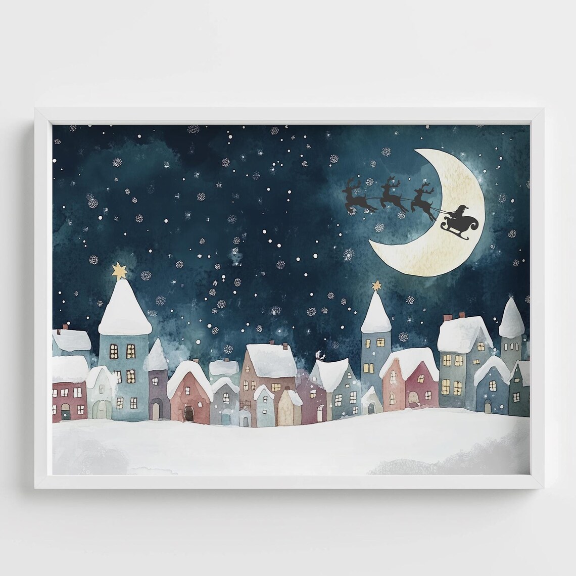 Santa Sleigh Flying Past Crescent Moon Over Snowy Village Print