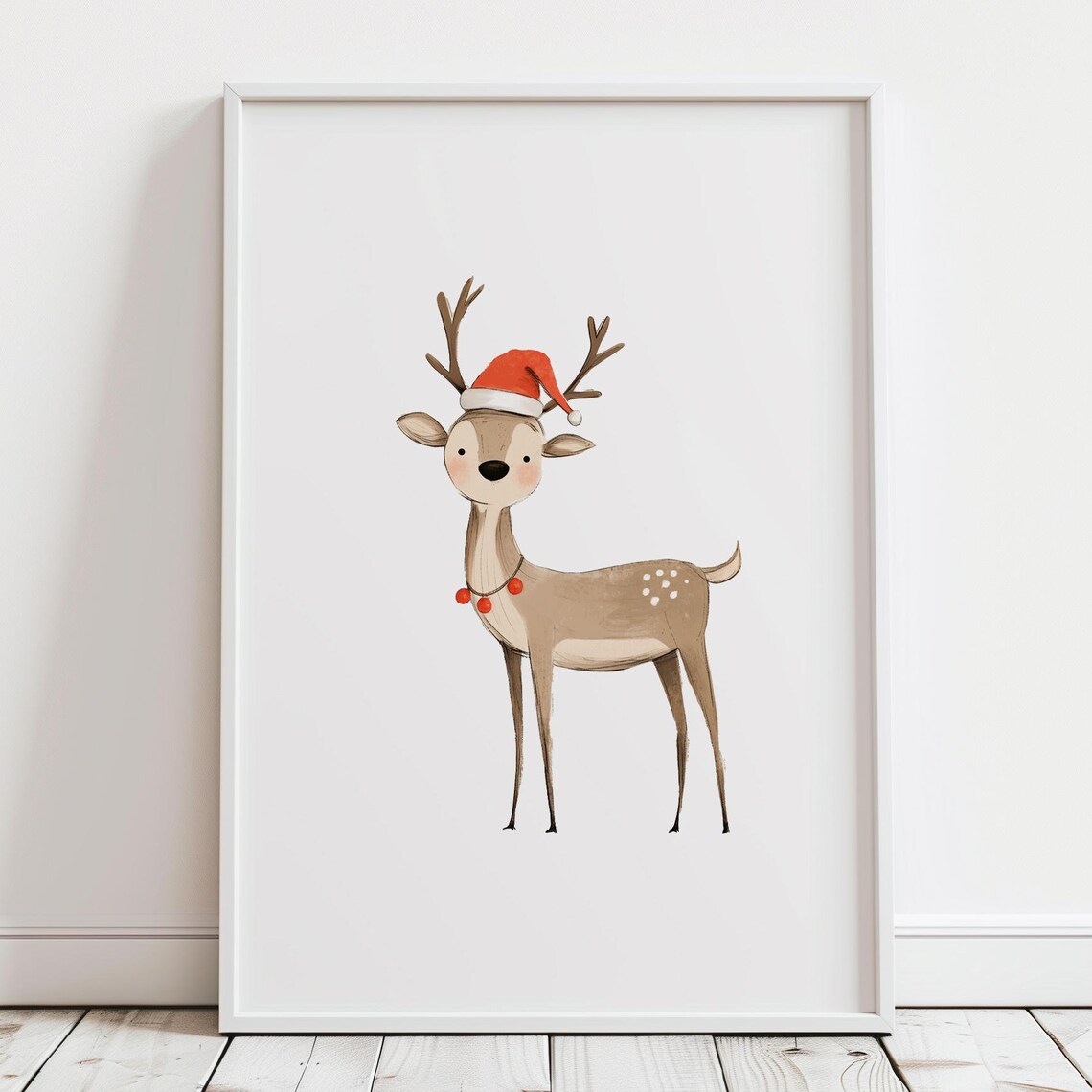 Cute Reindeer Santa Hat Berry Necklace Nursery Christmas Poster