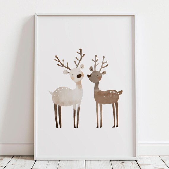 Two Cute Reindeer Friends Minimalist White Background Nursery Poster