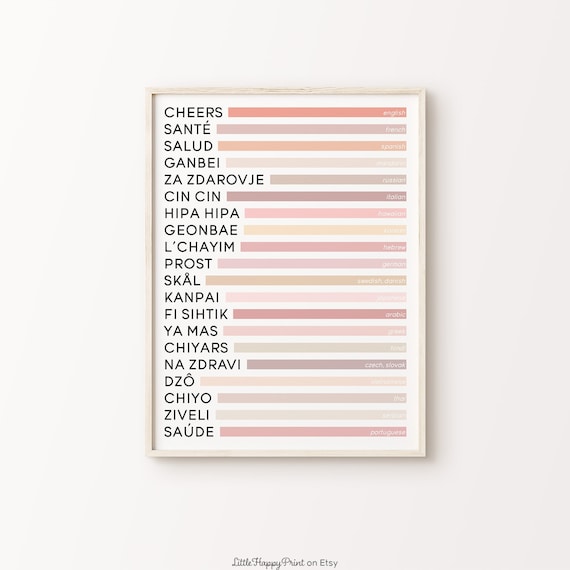 Cheers In Twenty Languages Colorful Bar Cart Typography Poster