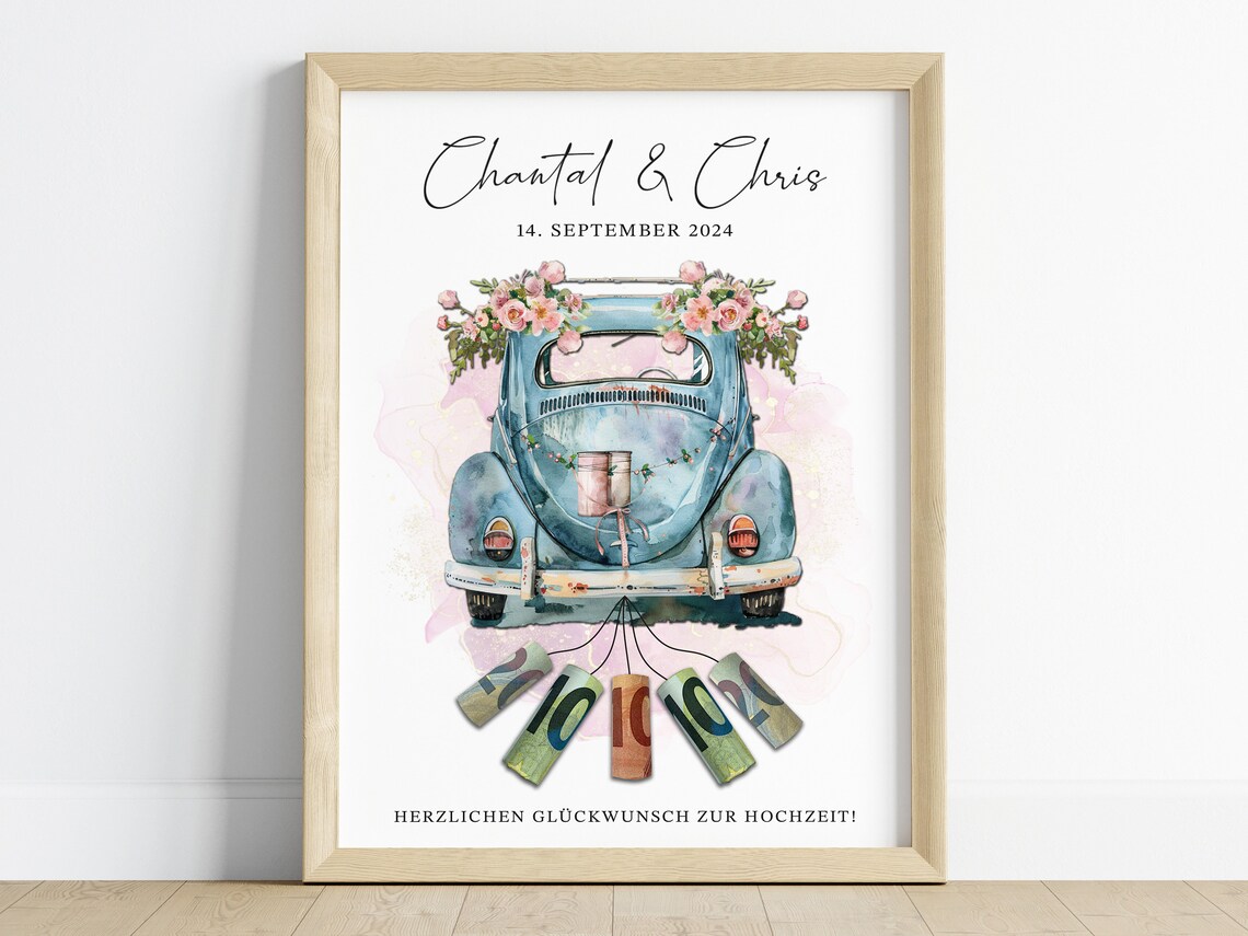 Chantal Chris Blue Beetle Wedding Cash Money Gift Car Poster