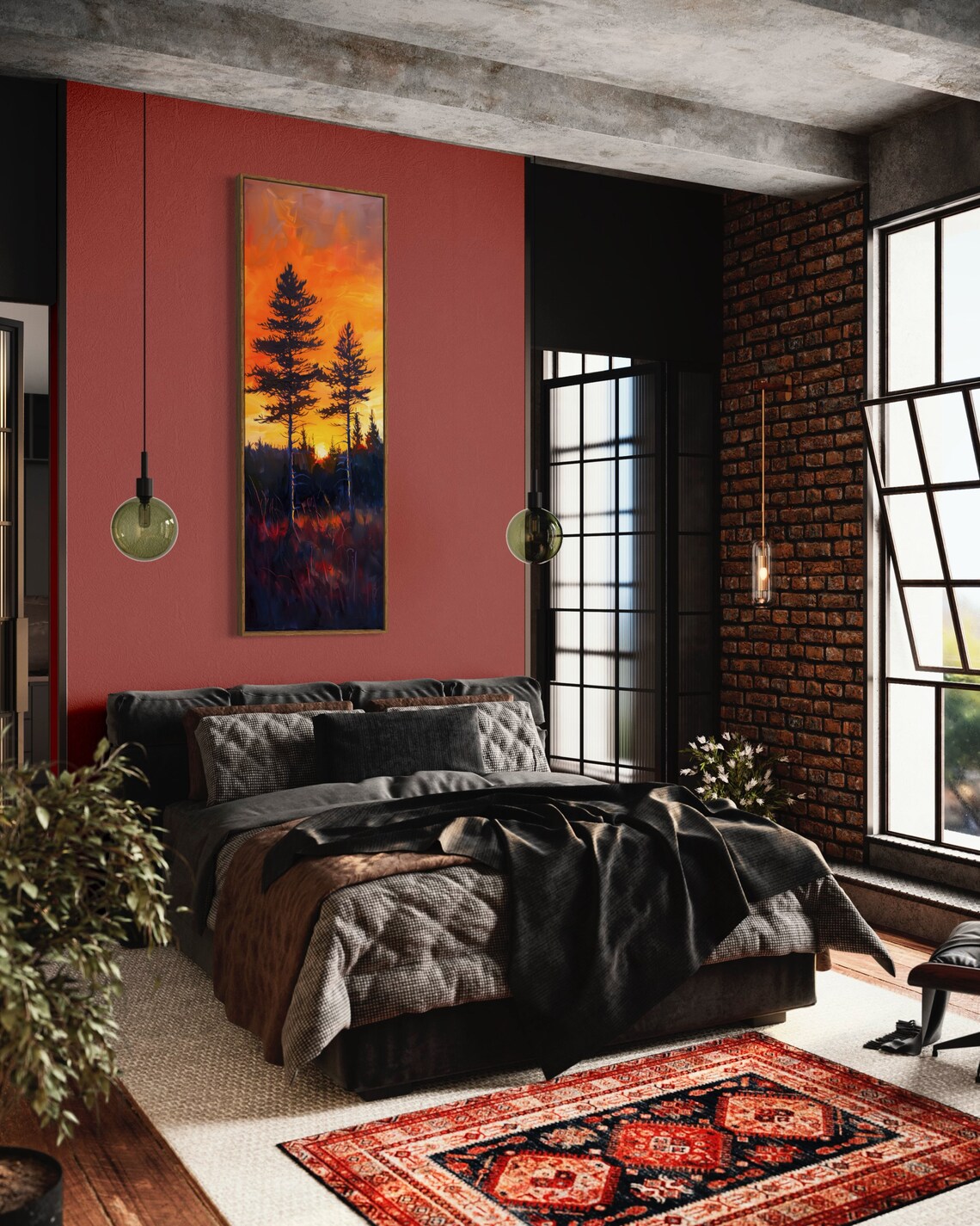 Moody Sunset In Pine Tree Forest Long Narrow Wall Art Calming And Dramatic Wilderness Print For Atmospheric Home Decore - Image 4