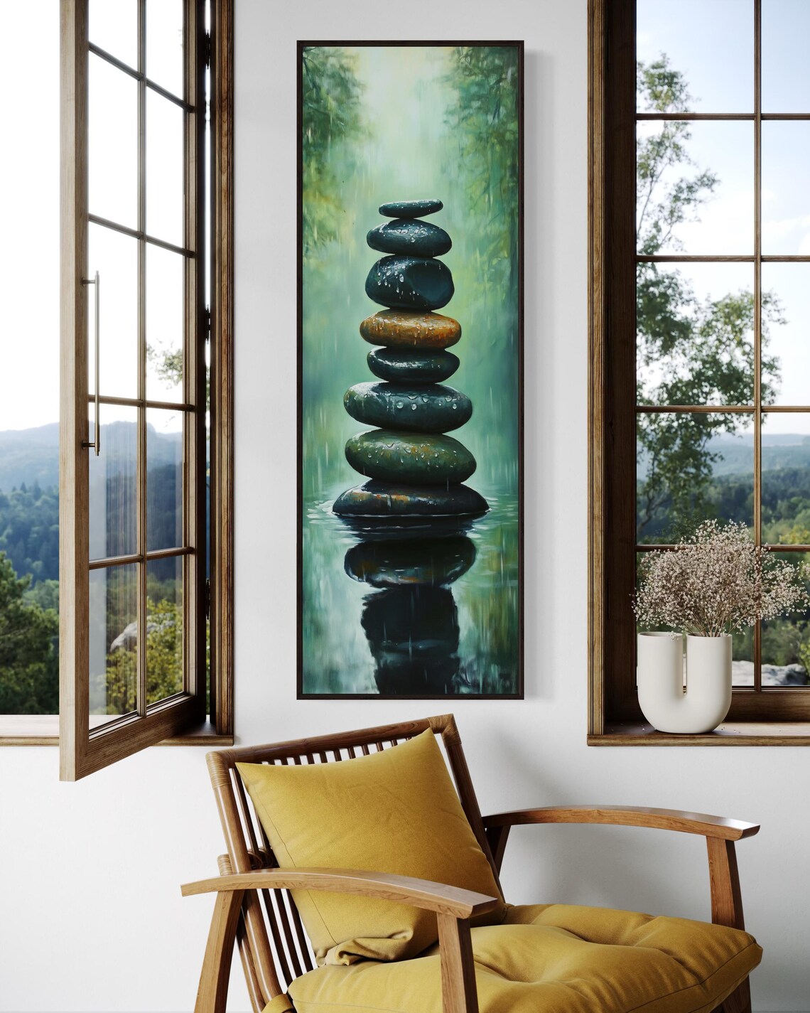 Zen Balancing Stones Cairn Misty Forest Water Reflection Meditation Art Poster - Image 2