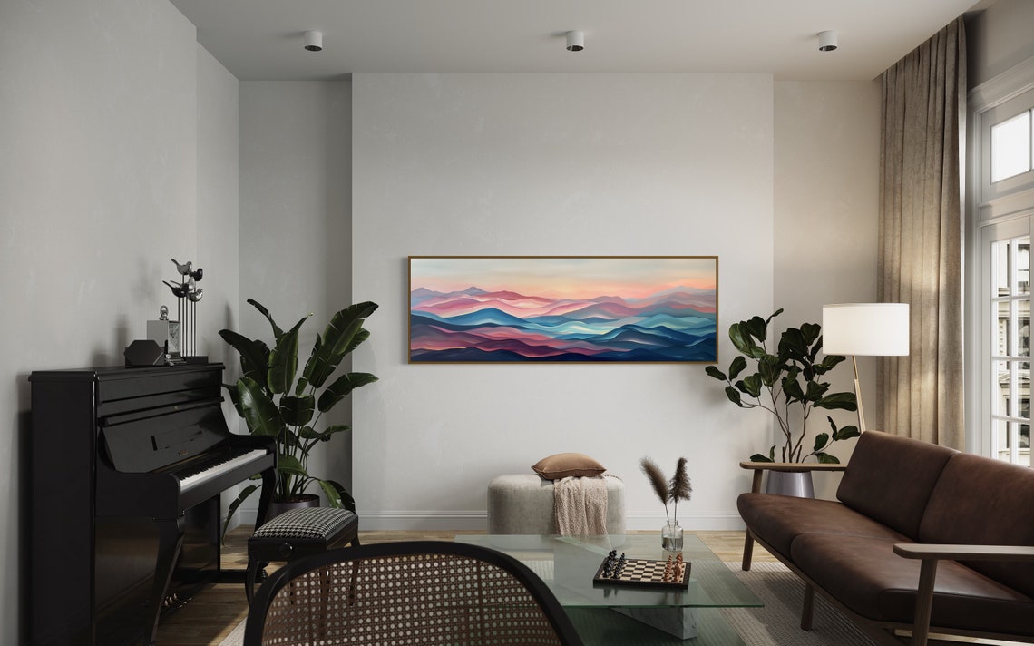 Panoramic Dreamscape Vibrant Wavy Wall Art Atmospheric Mountain Artwork With Pink And Purple Skies For Elegant Above Bed Decor - Image 4