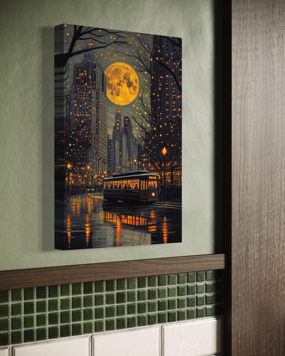 Night Cityscape Full Moon Rainy Tram Street Golden Lights Poster - Image 2
