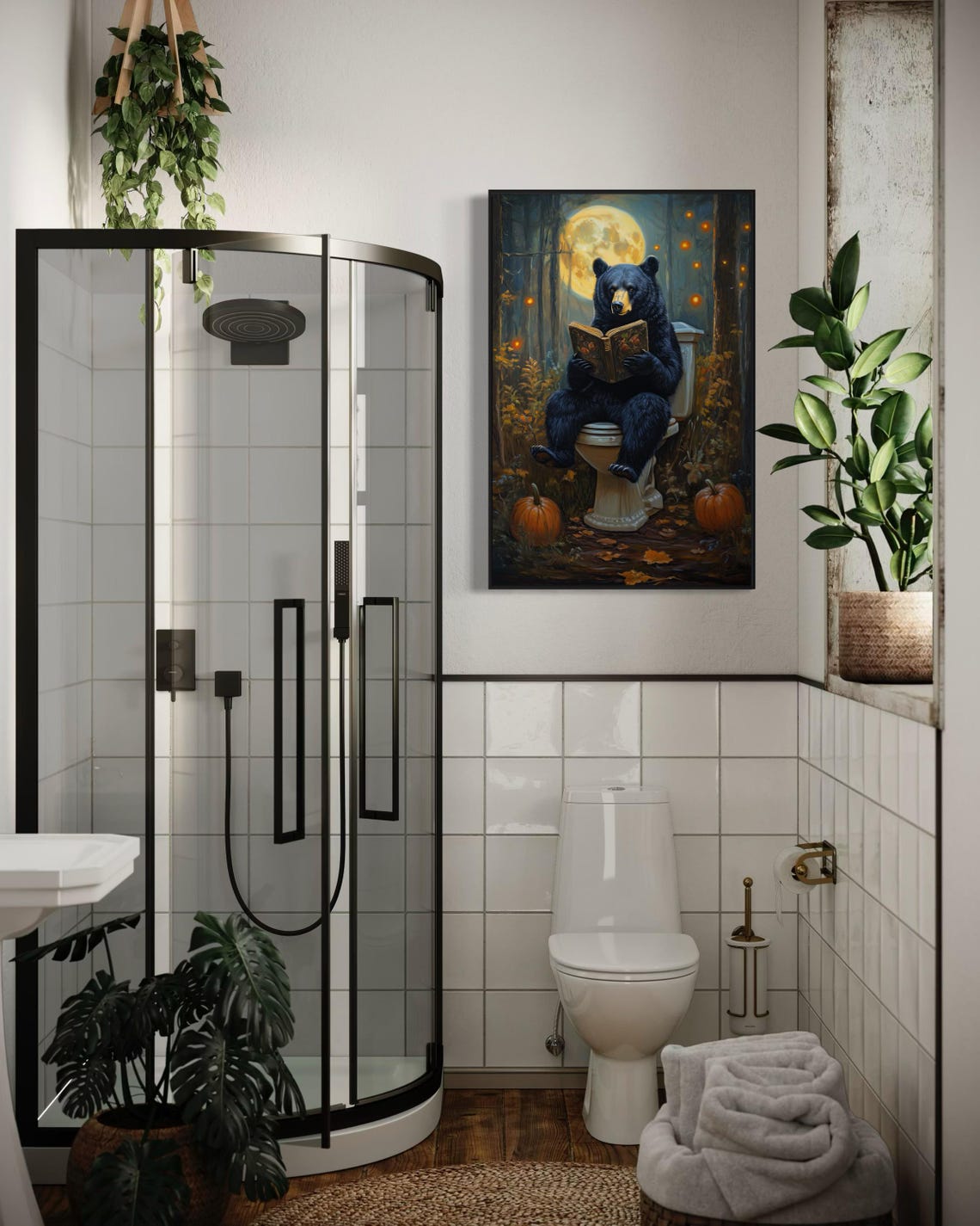 Whimsical Black Bear Reading Book On Toilet Moonlit Forest Funny Print - Image 2