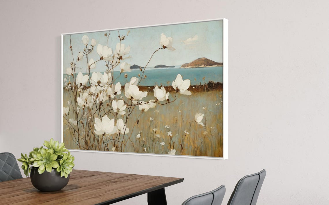 White Magnolia Blossoms Coastal Seascape Teal Water Floral Art Poster - Image 5
