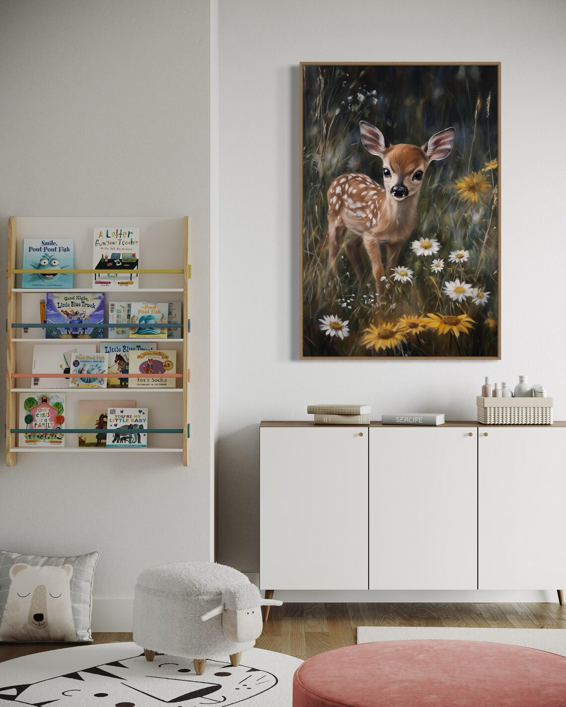 Baby Deer Fawn Wildflowers Daisy Meadow Rustic Nursery Poster - Image 3