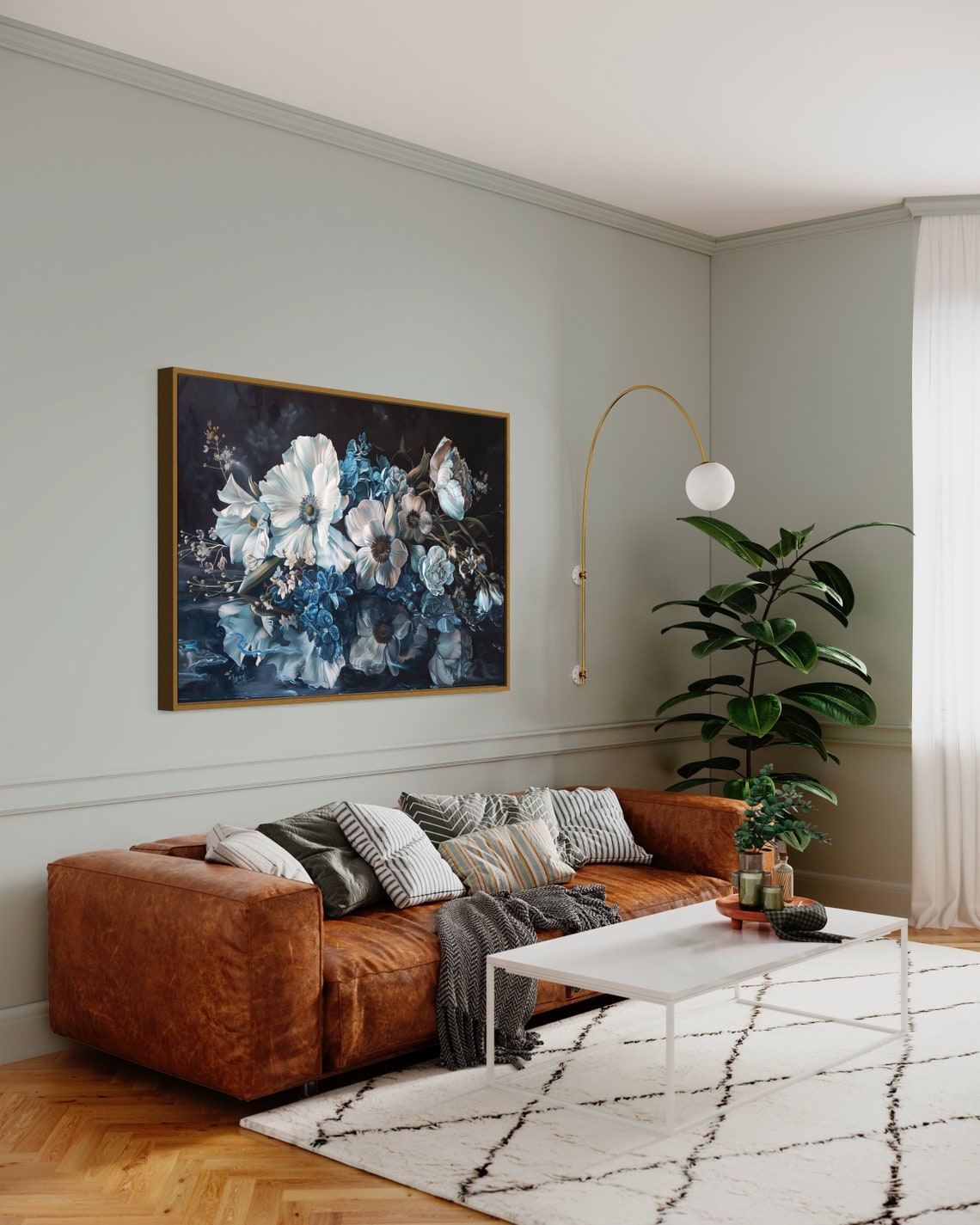 White Blue Wildflowers Dark Floral Still Life Botanical Art Poster - Image 3