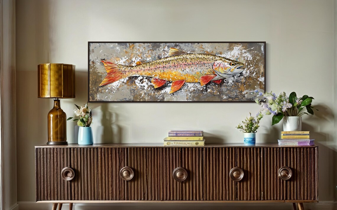 Golden Rainbow Trout Fish Painting Rustic Fishing Lodge Wildlife Wall Poster - Image 2