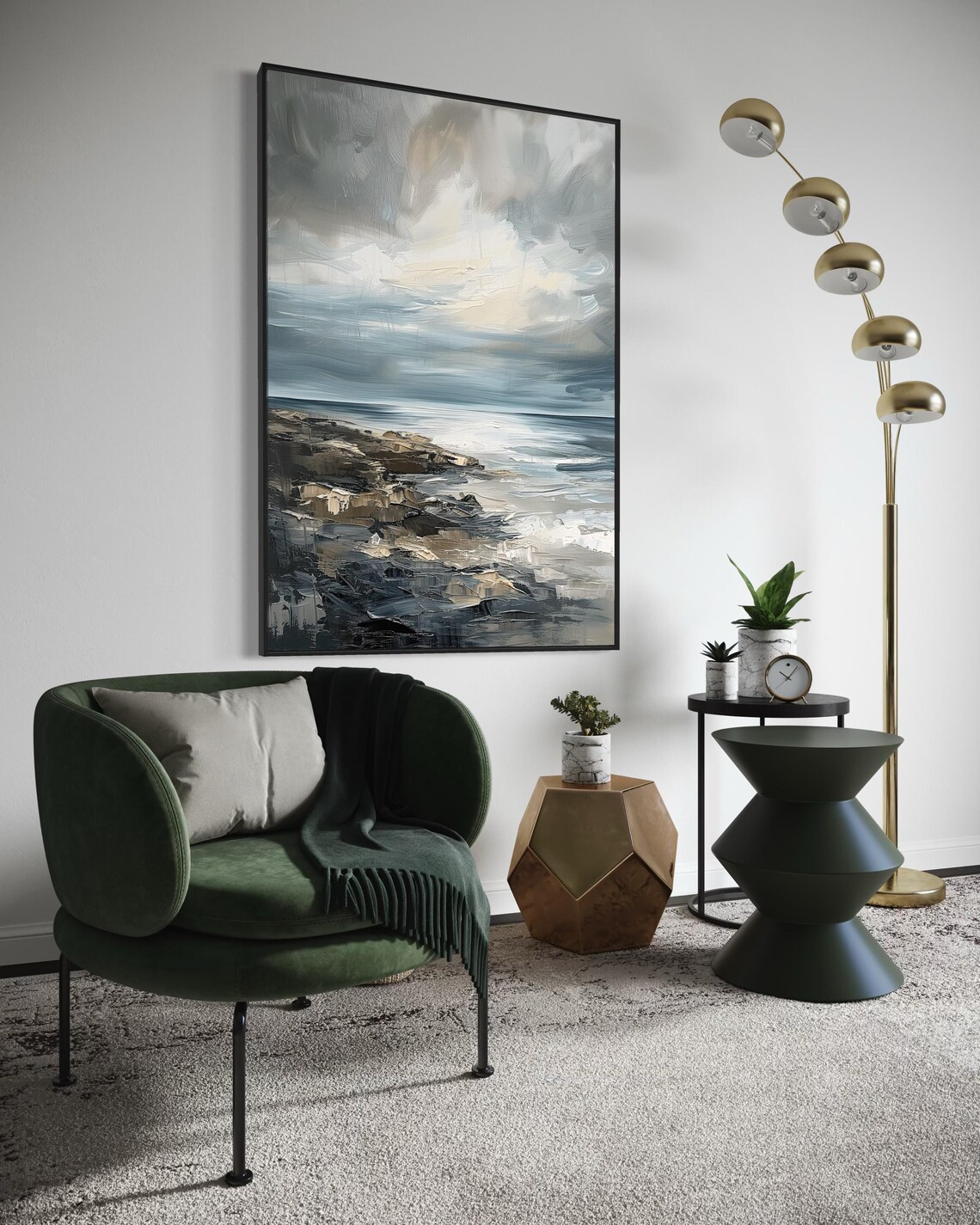 Stormy Grey Blue Abstract Seascape Rocky Shore Moody Ocean Art Poster - Image 3