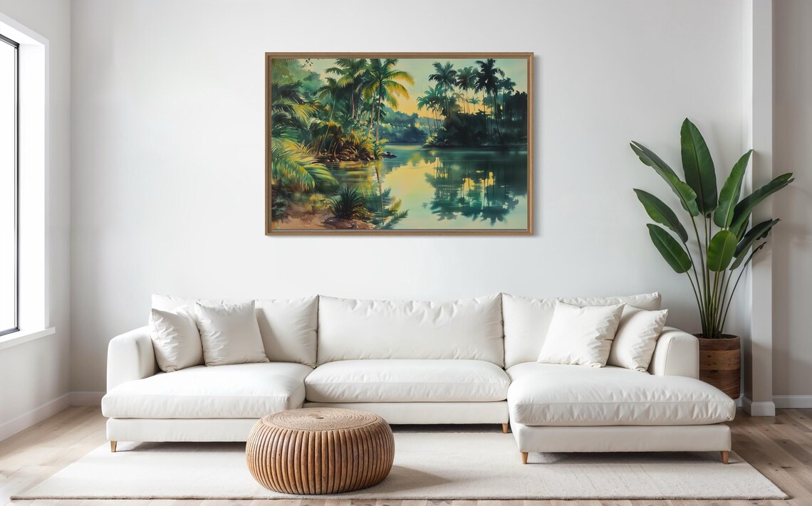 Tropical Jungle Palm Tree River Landscape, Art Print - Image 2