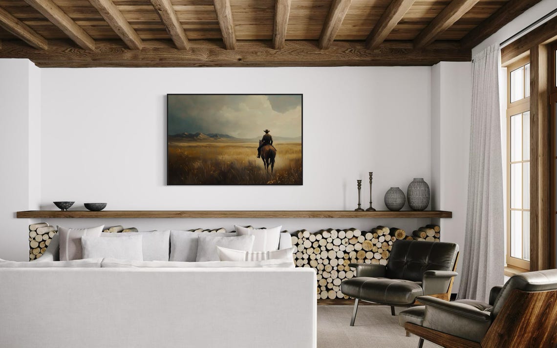 Rustic Cowboy Wall Art Western Prairie Print With Horseback Rider And Dramatic Sky Perfect Masculine Decor - Image 2