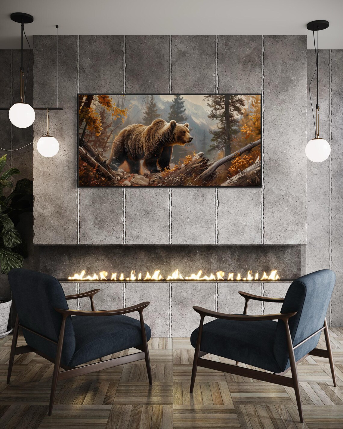 Grizzly Bear Autumn Forest Fallen Log Mountain Panoramic Wildlife Art Poster - Image 2