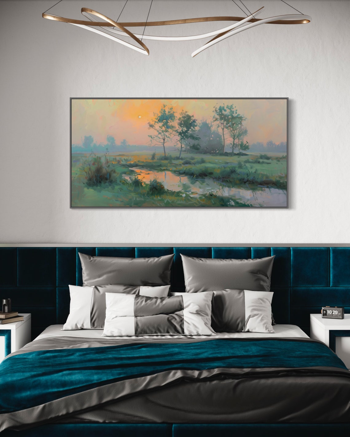 Misty Sunrise Over Green Meadow Stream Soft Pastel Morning Poster - Image 3