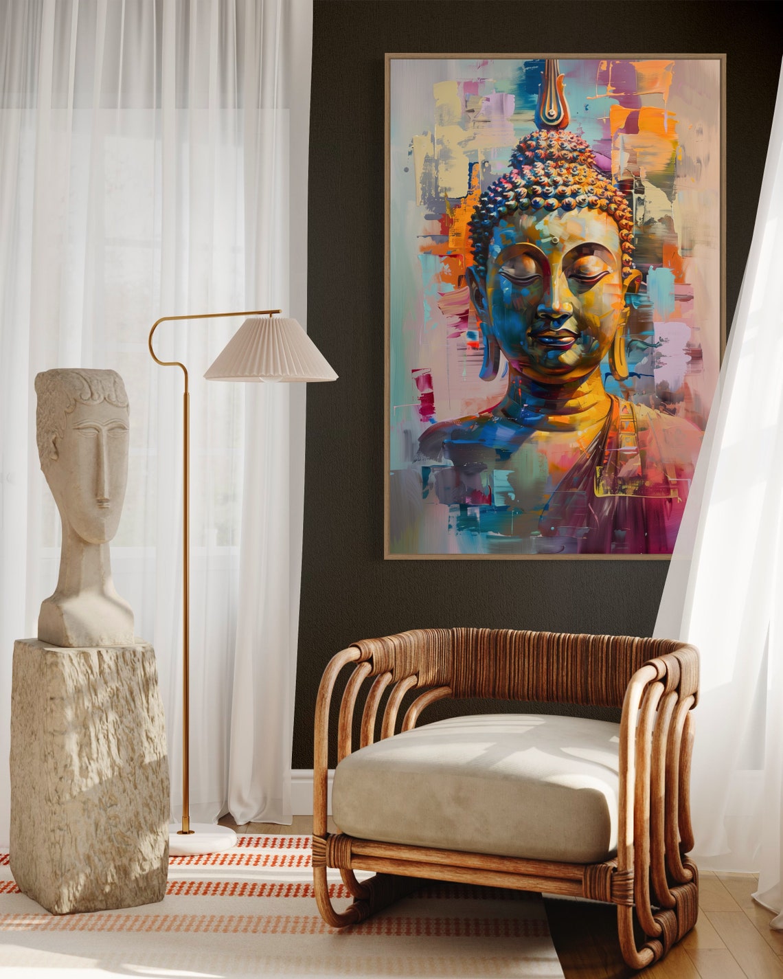 Colorful Impasto Buddha Head Zen Meditation Modern Buddhist Wall Art - Image 3