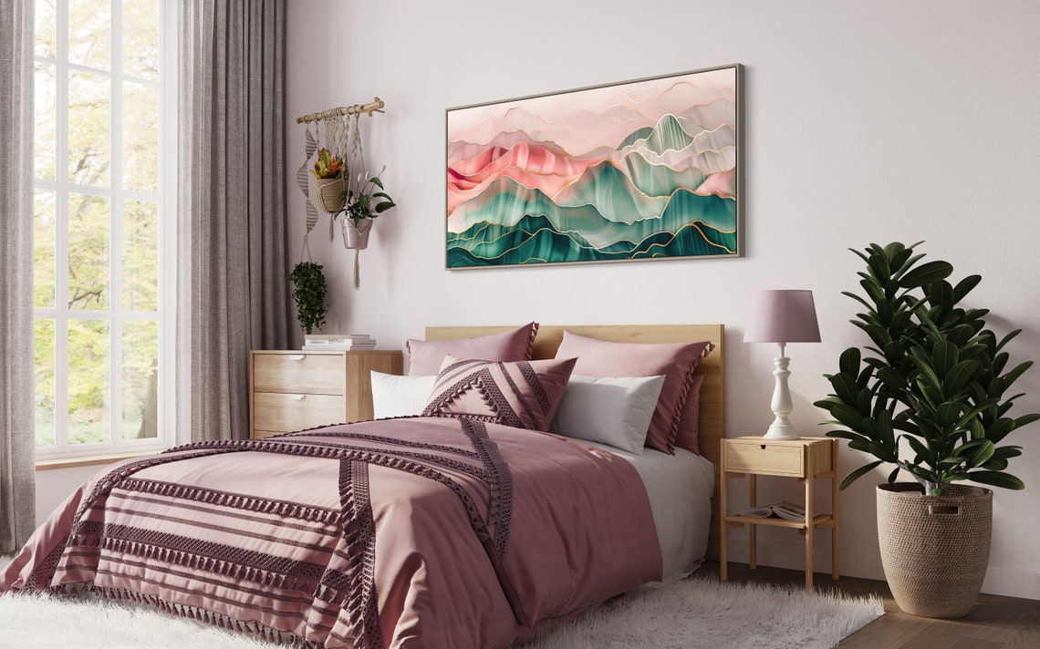 Emerald Peaks And Blush Valleys Abstract Modern Mountain Art Print Colorful Wall Boho Decor For Over The Couch Or Above Bed Spaces - Image 2