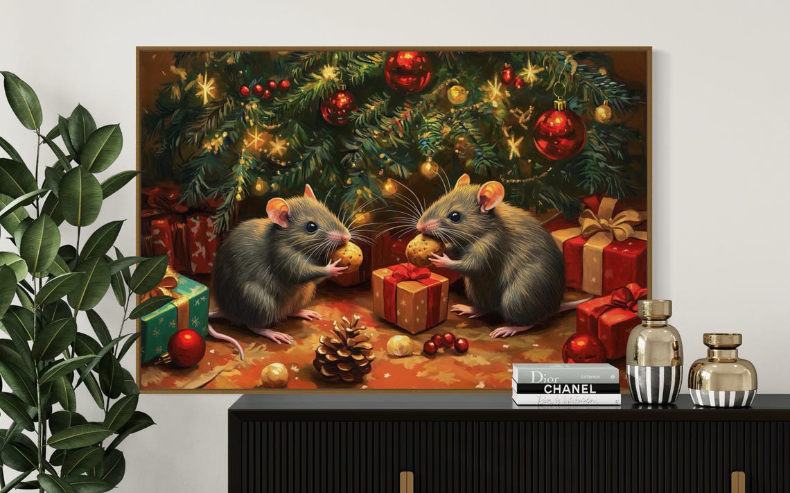 Two Cute Christmas Mice Cookies Under Tree Holiday Whimsical Art Print - Image 5