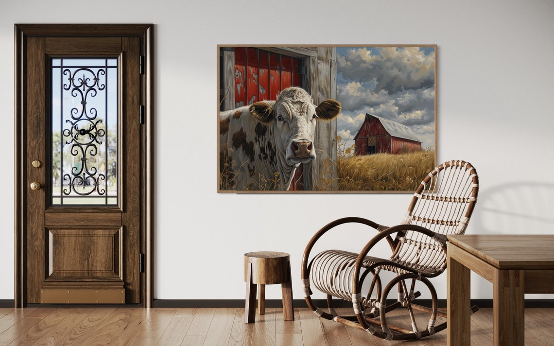 Curious Cow Red Barn Wheat Field Rustic Farmhouse Portrait Wall Art - Image 3