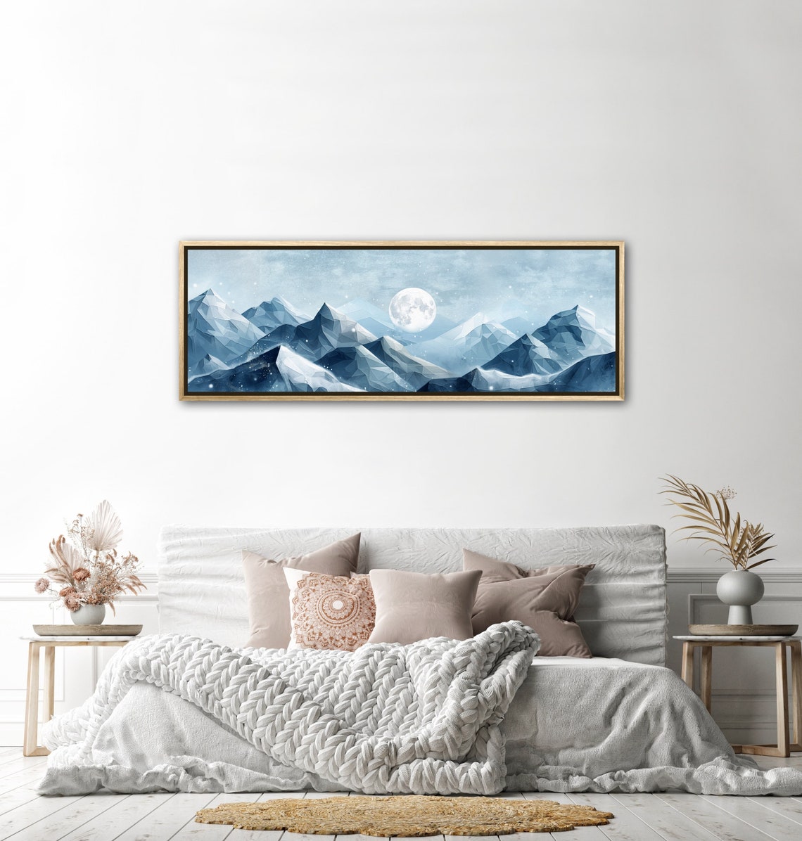 Geometric Low Poly Snowy Mountains Full Moon Panoramic Art Poster - Image 4