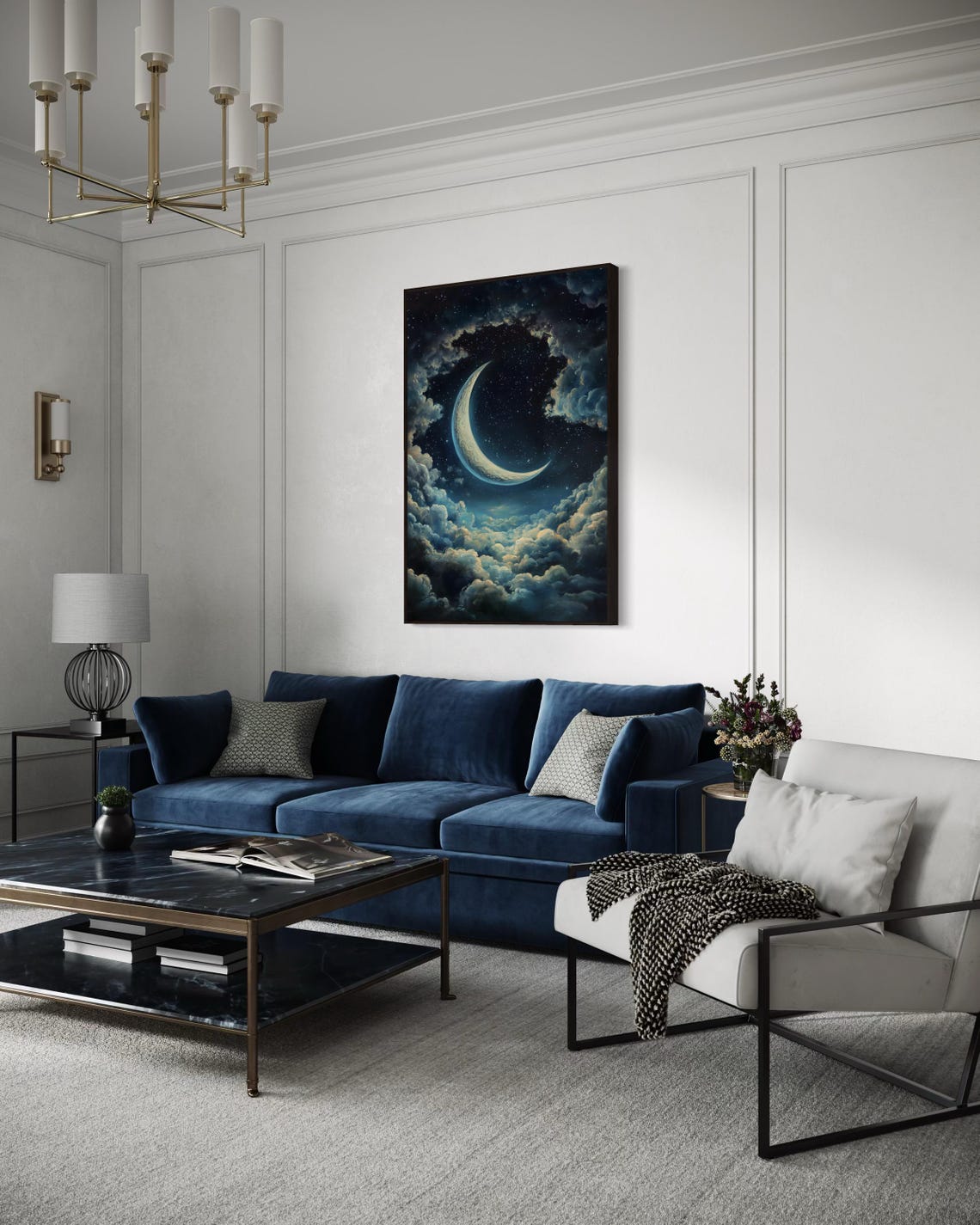Celestial Moonlit Sky Dreamy Crescent Moon Wall Art Starry Night Print Ethereal Cloudscape For Bedroom Or Living Room - Image 2