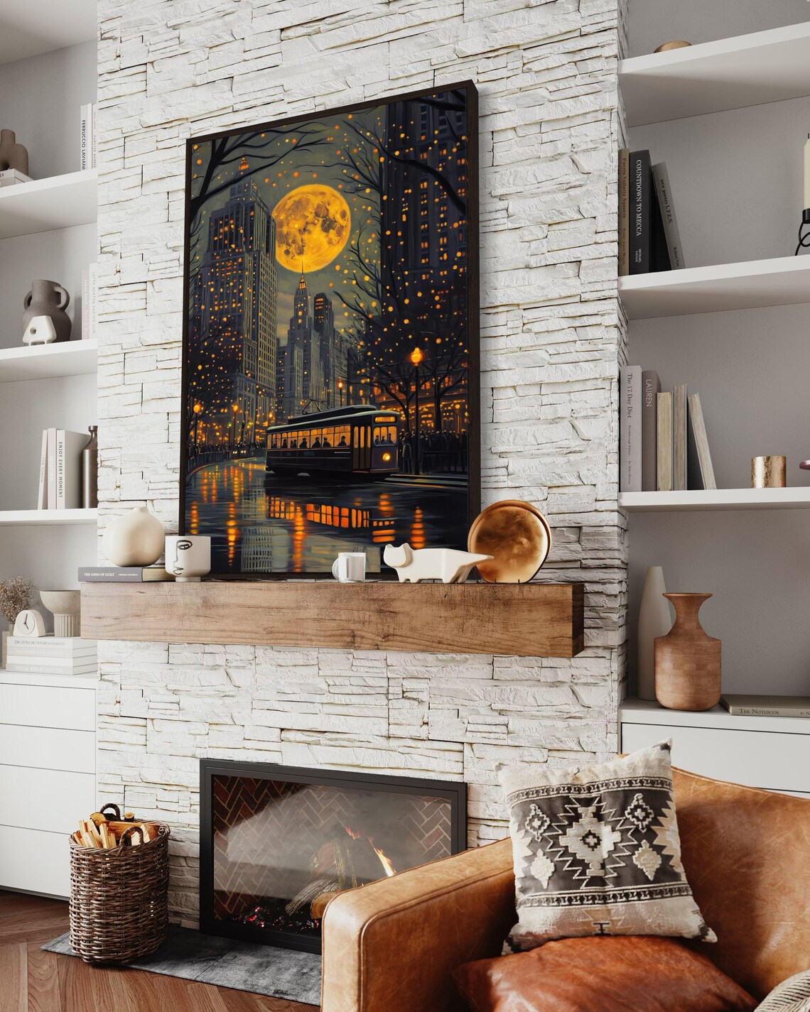 Night Cityscape Full Moon Rainy Tram Street Golden Lights Poster - Image 5