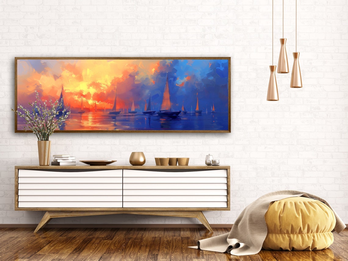 Sailboats at Sunset Orange Blue Sea Panoramic Seascape Poster - Image 4