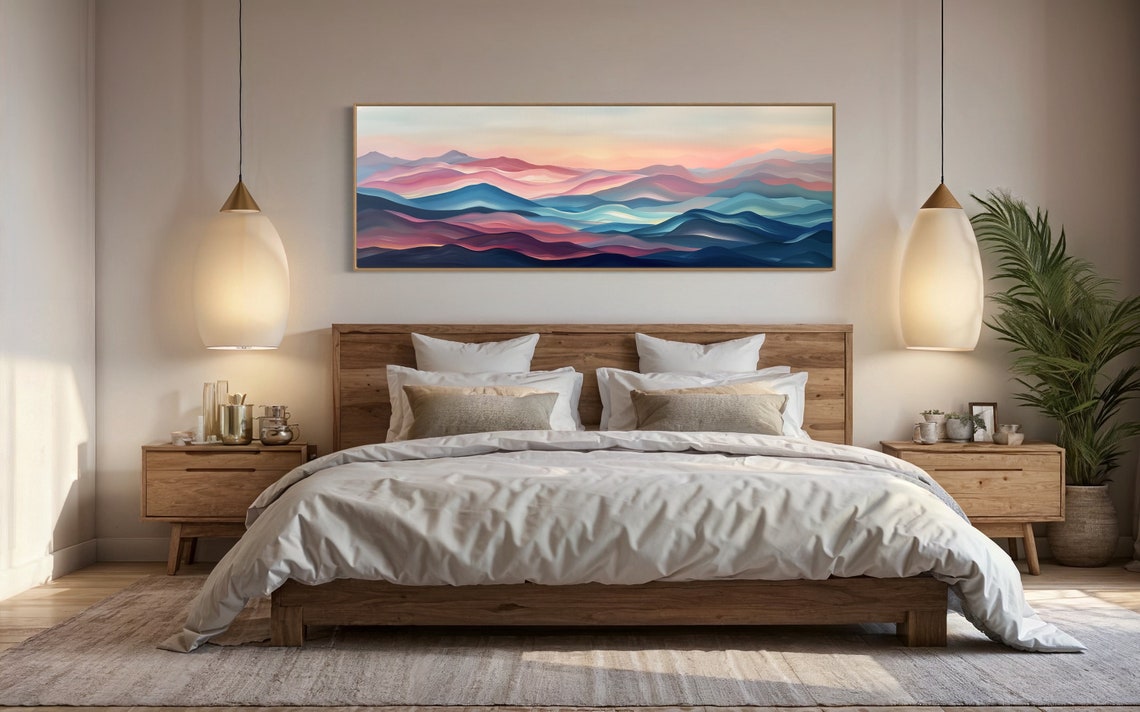 Panoramic Dreamscape Vibrant Wavy Wall Art Atmospheric Mountain Artwork With Pink And Purple Skies For Elegant Above Bed Decor - Image 2