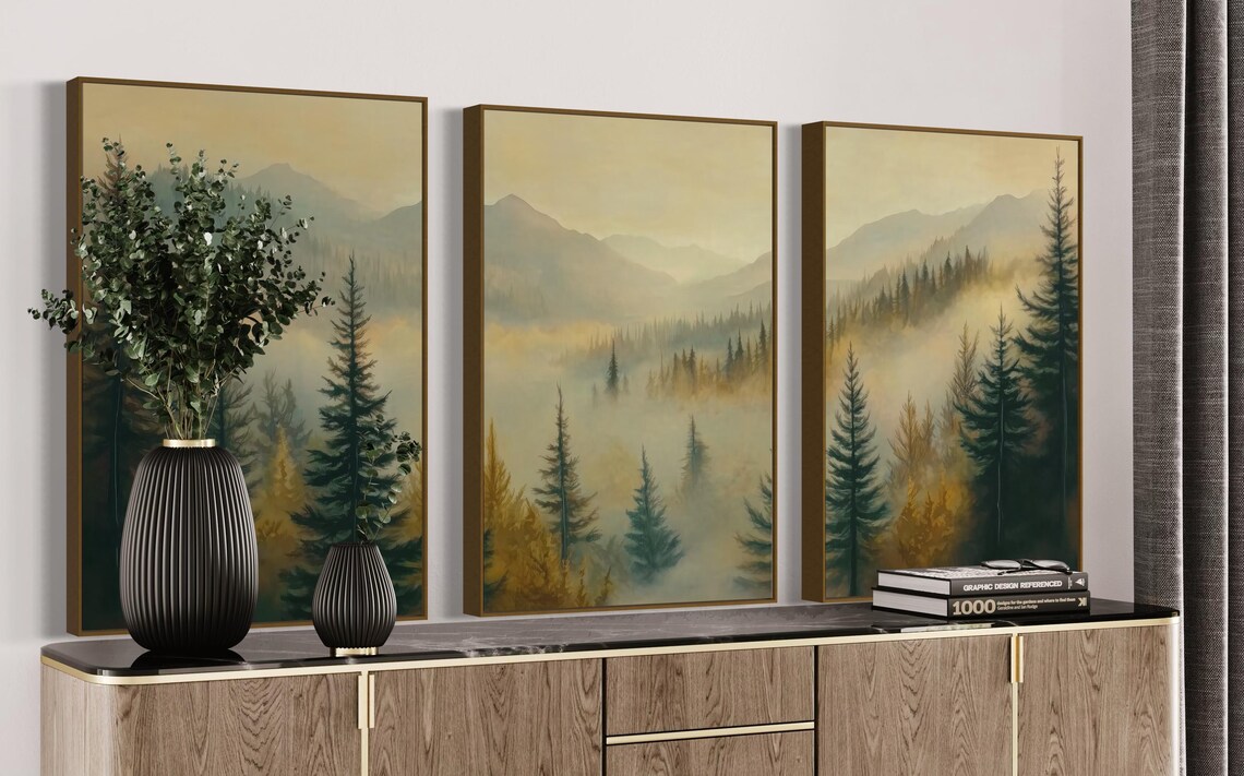 Misty Mountain Sunrise Forest Wall Art In Muted Tones Tranquil Pine Tree Art For Above Couch Or Bed Rustic Lake House Decor - Image 2